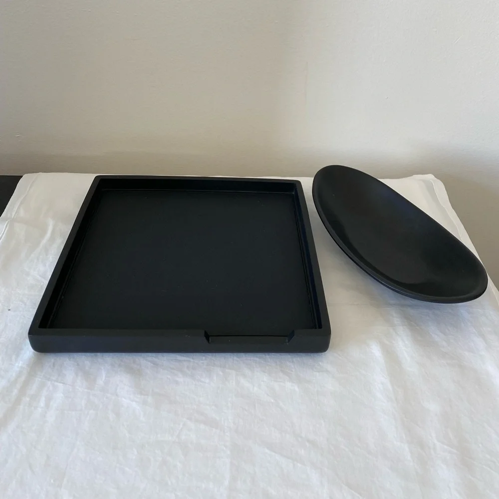 Black home organizers including square tray 10x10, oval melamine trinket holder